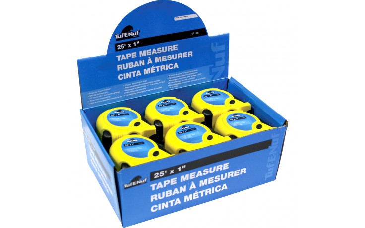 25' x 1" Rubber Jacket Tape Measure - 12 per Display Box