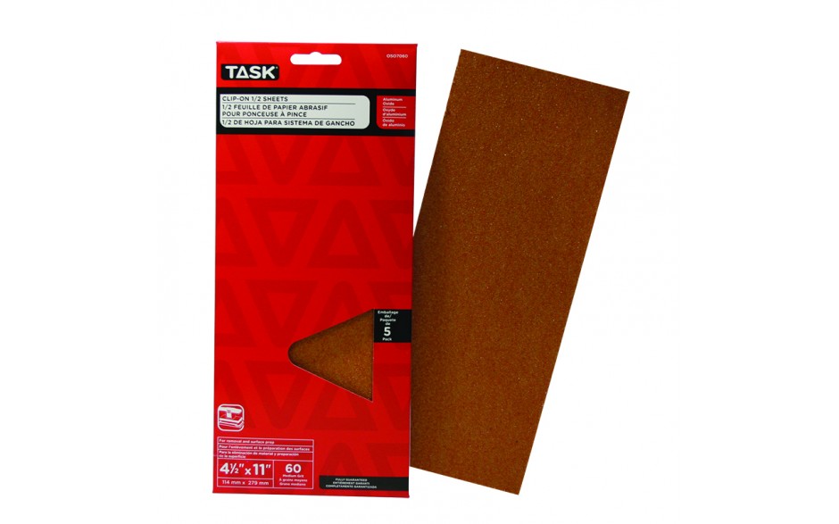 4-1/2" x 11" 60 Grit Medium Aluminum Oxide 1/2 Clip-On Sheets - 5/pack