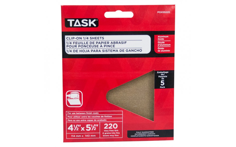 4-1/2" x 5-1/2" 220 Grit Very Fine Aluminum Oxide 1/4 Clip-On Sheets - 5/pack